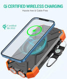 Solar Charger 10000mAh Portable Power Bank - Waterproof, Shockproof, Dual USB Ports, LED Flashlight, Compass Carabiner