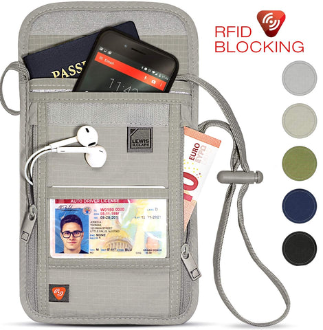 RFID Blocking Stash Neck Wallet, Travel Pouch + Passport Holder